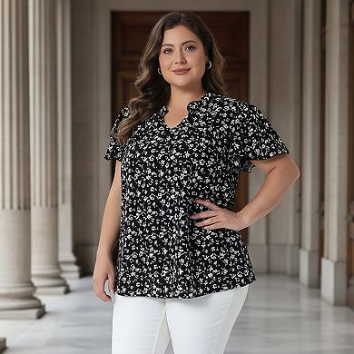 Women's Plus Size Summer Tops Floral Ruffle V Neck Double Short Sleeve Casual Blouse Top