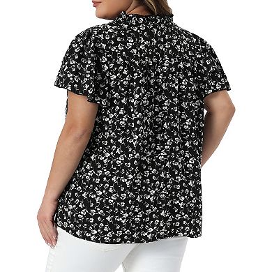 Women's Plus Size Summer Tops Floral Ruffle V Neck Double Short Sleeve Casual Blouse Top