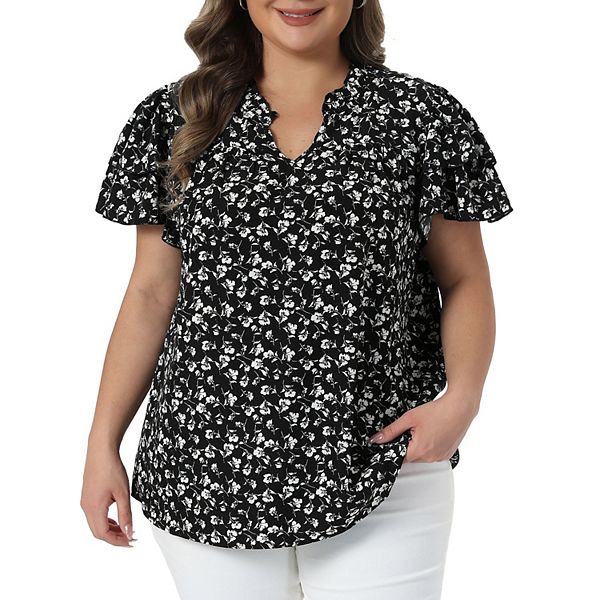 Women's Plus Size Summer Tops Floral Ruffle V Neck Double Short Sleeve ...