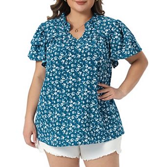 Women's Plus Size Summer Tops Floral Ruffle V Neck Double Short Sleeve Casual Blouse Top