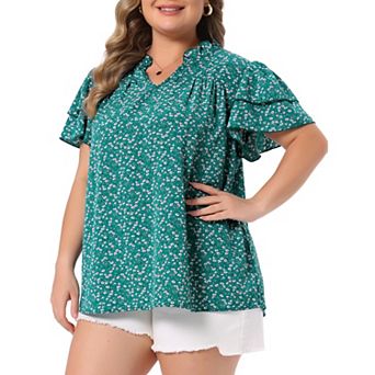 Women's Plus Size Summer Tops Floral Ruffle V Neck Double Short Sleeve Casual Blouse Top