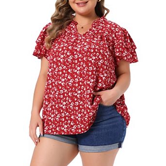 Women's Plus Size Summer Tops Floral Ruffle V Neck Double Short Sleeve Casual Blouse Top