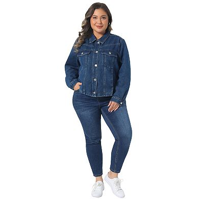 Women's Plus Size Denim Jacket Button Closed Long Sleeves Shirts Trendy Jean Shacket Jackets