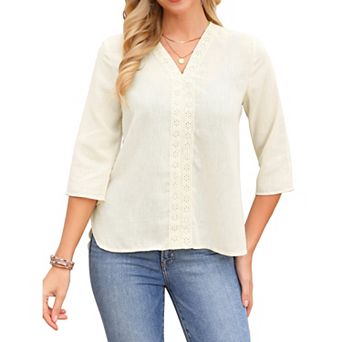 Women's 3/4 Sleeve Shirt V Neck Embroidery Lace Casual Tunic Tops Loose Blouses with Side Split