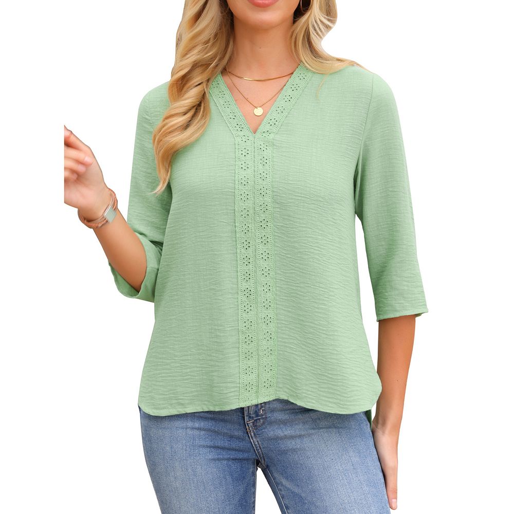 Women's 3/4 Sleeve Shirt V Neck Embroidery Lace Casual Tunic Tops Loose ...