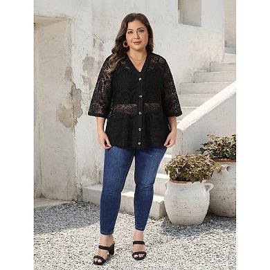 Women's Plus Size Cardigan V Neck 3/4 Sleeve Crochet Hollow Out Button Front Cover Up Knit Cardigans
