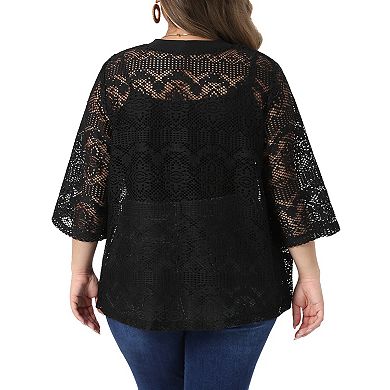 Women's Plus Size Cardigan V Neck 3/4 Sleeve Crochet Hollow Out Button Front Cover Up Knit Cardigans