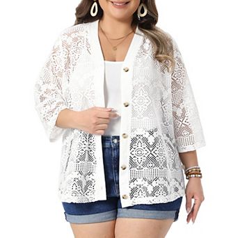 Women's Plus Size Cardigan V Neck 3/4 Sleeve Crochet Hollow Out Button Front Cover Up Knit Cardigans