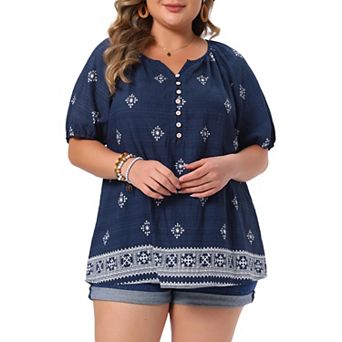 Women's Plus Size Summer Top V Neck Short Sleeve Blouses Floral Boho Button Down Shirts