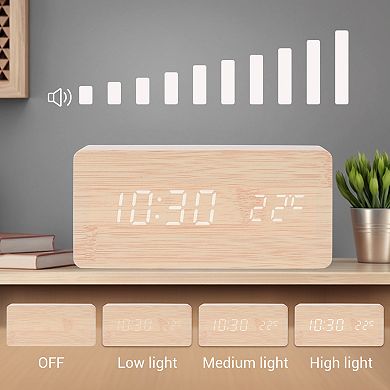 Wood Grain Design Casing LED Alarm Clock, Adjustable Brightness, Three Alarms 5.6"x1.6"x3.0"