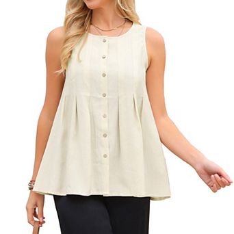 Women's Linen Tank Tops Summer Sleeveless Shirts Button Pleated Babydoll Casual Blouse
