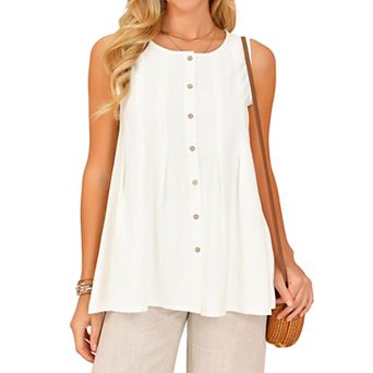 Women's Linen Tank Tops Summer Sleeveless Shirts Button Pleated Babydoll Casual Blouse