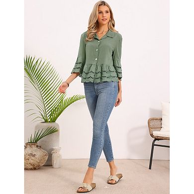 Women's Button Down Shirts 3/4 Bell Sleeve Casual Ruffle Convertible Collar Hem Tops Eyelet Blouse