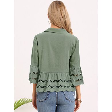 Women's Button Down Shirts 3/4 Bell Sleeve Casual Ruffle Convertible Collar Hem Tops Eyelet Blouse