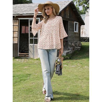 Chiffon Floral Top for Women's Ruffled Sleeve Round Neck Casual Blouse