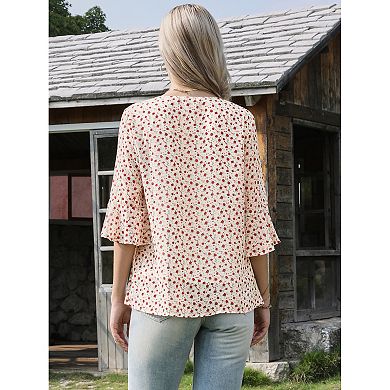 Chiffon Floral Top for Women's Ruffled Sleeve Round Neck Casual Blouse