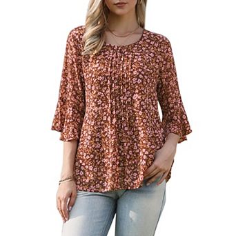 Chiffon Floral Top for Women's Ruffled Sleeve Round Neck Casual Blouse
