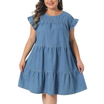 Women's Plus Size Denim Dress Babydoll Ruffle Sleeve Loose Flowy Swing Pleated Jean Dresses
