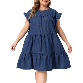 Women's Plus Size Denim Dress Babydoll Ruffle Sleeve Loose Flowy Swing Pleated Jean Dresses