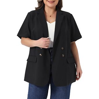 Women's Plus Size Blazers Short Sleeve Notched Lapel Double Breasted Work Office Suit Jacket Blazer