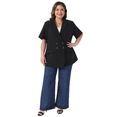 Women's Plus Size Blazers Short Sleeve Notched Lapel Double Breasted Work Office Suit Jacket Blazer