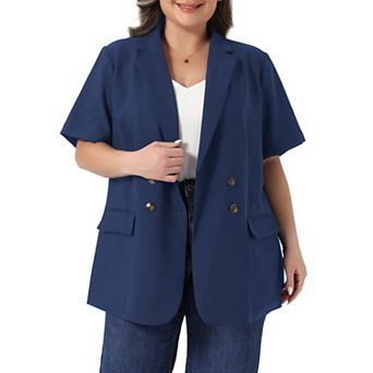 Women's Plus Size Blazers Short Sleeve Notched Lapel Double Breasted Work Office Suit Jacket Blazer