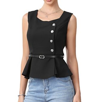 Women's Business Casual Tops Sleeveless Button Down Blouses Ruffle Hem Peplum Work Shirts with Belt