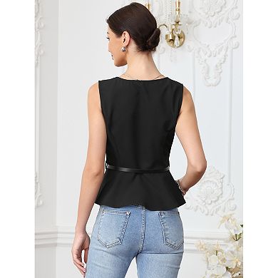 Women's Business Casual Tops Sleeveless Button Down Blouses Ruffle Hem Peplum Work Shirts with Belt