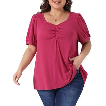Women's Plus Size Tops Sweetheart Neck Puff Short Sleeve Shirts Loose Casual Blouses Tee Shirt