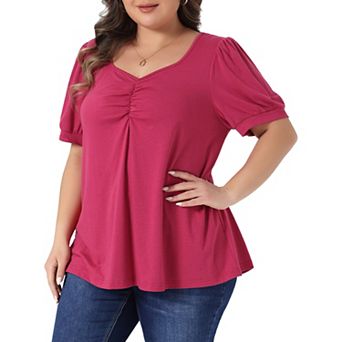Women's Plus Size Tops Sweetheart Neck Puff Short Sleeve Shirts Loose Casual Blouses Tee Shirt