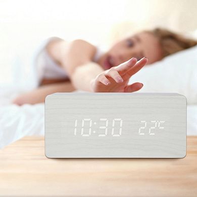 Digital Alarm Clock, Wood Grain Casing Design, Voice Wake-Up, Dimmable Display 6.7"x3.1"x2.8"