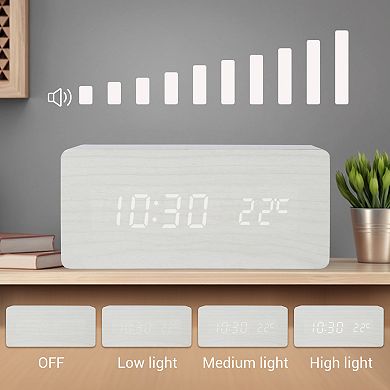 Digital Alarm Clock, Wood Grain Casing Design, Voice Wake-Up, Dimmable Display 6.7"x3.1"x2.8"