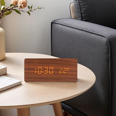 Digital Alarm Clock, Wood Grain Casing Design, Voice Wake-Up, Dimmable Display 6.7"x3.1"x2.8"