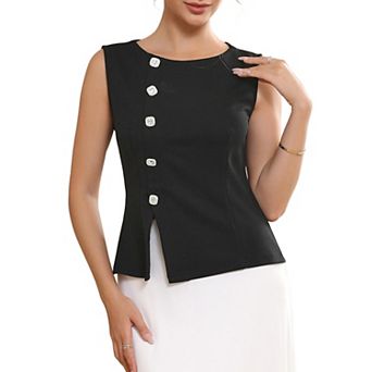Women's Sleeveless Formal Top Button Decor Round Neck Cropped Peplum Vest Tops