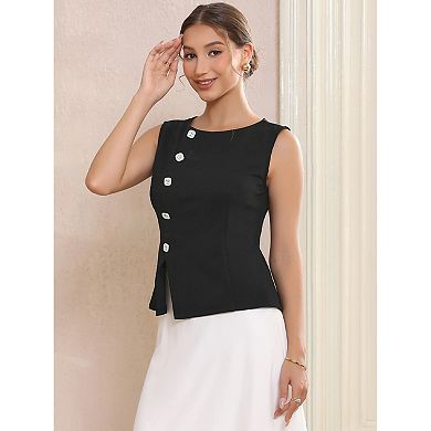 Women's Sleeveless Formal Top Button Decor Round Neck Cropped Peplum Vest Tops
