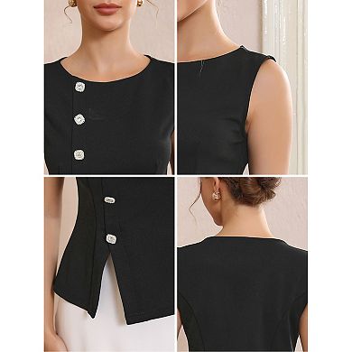 Women's Sleeveless Formal Top Button Decor Round Neck Cropped Peplum Vest Tops