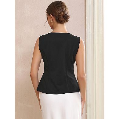 Women's Sleeveless Formal Top Button Decor Round Neck Cropped Peplum Vest Tops
