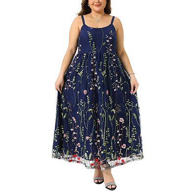 Women's Plus Size Wedding U Neck Sleeveless Floral Embroidered Mesh with Pockets Cami Maxi Dress