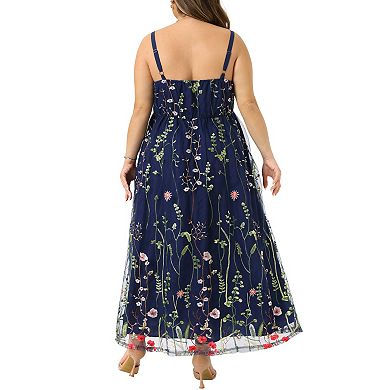 Women's Plus Size Wedding U Neck Sleeveless Floral Embroidered Mesh with Pockets Cami Maxi Dress