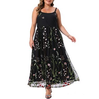 Women's Plus Size Wedding U Neck Sleeveless Floral Embroidered Mesh with Pockets Cami Maxi Dress