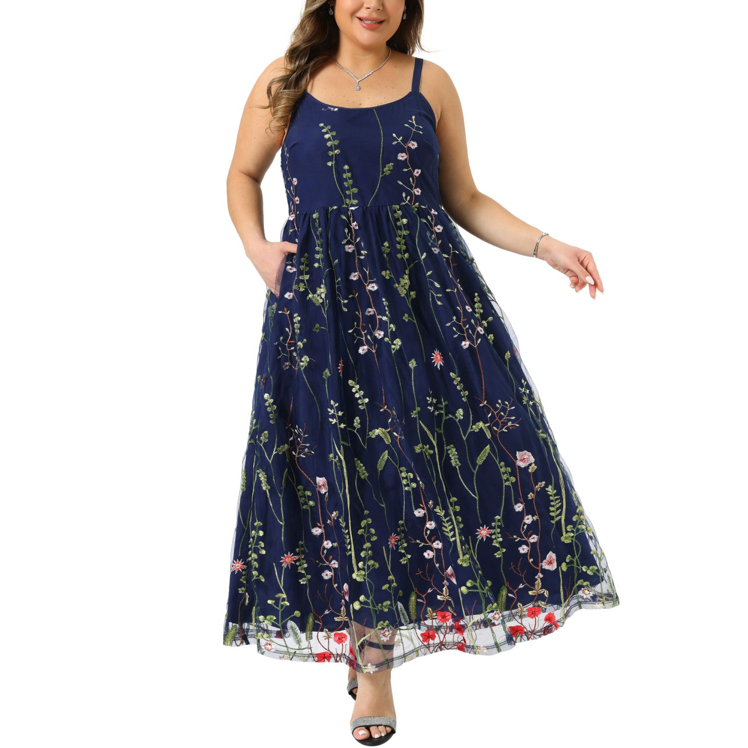 Женские платья Plus Size Wedding U Neck Sleeveless Floral Embroidered Mesh with Pockets Cami Maxi Dress
