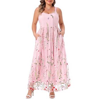 Women's Plus Size Wedding U Neck Sleeveless Floral Embroidered Mesh with Pockets Cami Maxi Dress