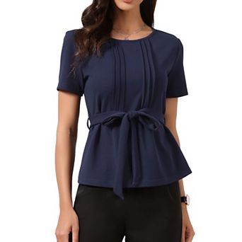 Dressy Casual Peplum Tops for Women Summer Pleated Crew Neck Belted Short Sleeve Blouse
