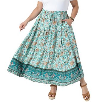 Women's Plus Size Skirts Elastic High Waist Boho Maxi Skirt A-Line Tiered Long Skirts with Pockets