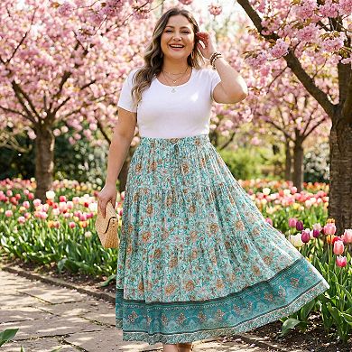 Women's Plus Size Skirts Elastic High Waist Boho Maxi Skirt A-Line Tiered Long Skirts with Pockets