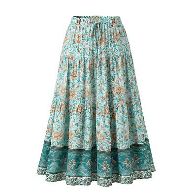 Women's Plus Size Skirts Elastic High Waist Boho Maxi Skirt A-Line Tiered Long Skirts with Pockets