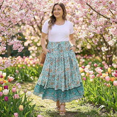 Women's Plus Size Skirts Elastic High Waist Boho Maxi Skirt A-Line Tiered Long Skirts with Pockets