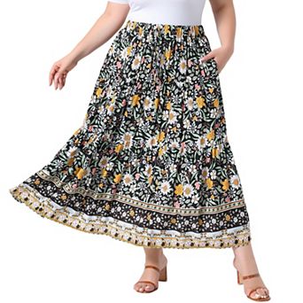 Women's Plus Size Skirts Elastic High Waist Boho Maxi Skirt A-Line Tiered Long Skirts with Pockets