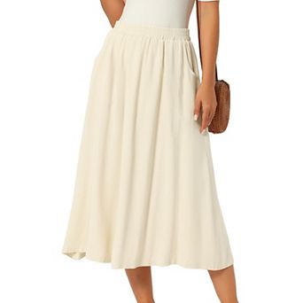 Women's Linen Skirt Summer Casual Flowy Swing Elastic High Waist A-Line Boho Midi Skirt with Pockets