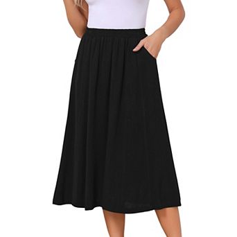 Women's Linen Skirt Summer Casual Flowy Swing Elastic High Waist A-Line Boho Midi Skirt with Pockets